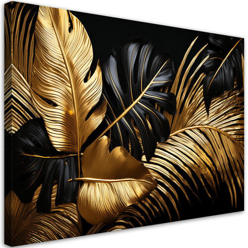 Leinwandbild Goldschwarze Monstera-Palmenblätter