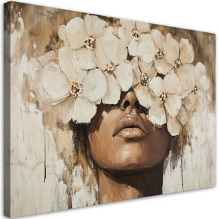 Leinwandbild Frau Blumen auf dem Kopf Beige