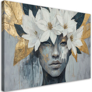 Leinwandbild Frau mit Blumen auf dem Kopf. Grau und Gold