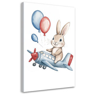 Leinwandbild für Kinderzimmer Kaninchen im Flugzeug mit Luftballons
