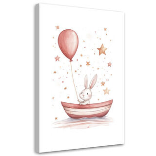 Leinwandbild für Kinder Kaninchen in einem Boot mit einem Boho-Ballon