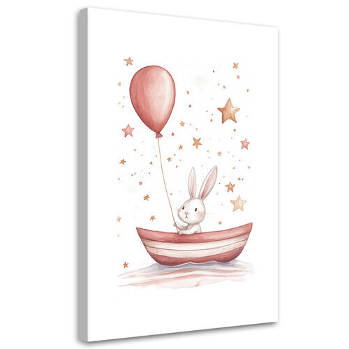 Leinwandbild für Kinder Kaninchen in einem Boot mit einem Boho-Ballon
