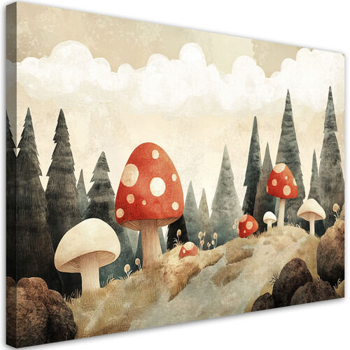Leinwandbild für Kinderzimmer Pilze Wald Bäume Natur Beige