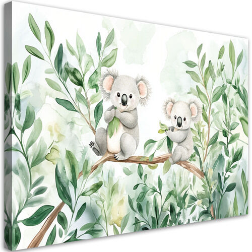 Leinwandbild für Kinderzimmer Koala trägt Eukalyptusblätter