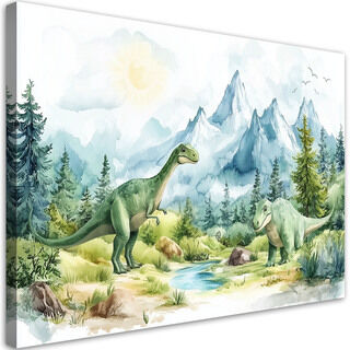 Leinwandbild für Kinder Dinosaurier prähistorische Reptilien grüne Landschaft
