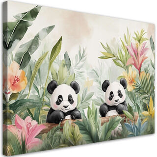 Leinwandbild für Kinderzimmer Pandas in Blumen und Pflanzen