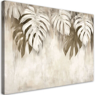 Leinwandbild, Monstera-Blätter hängen beige