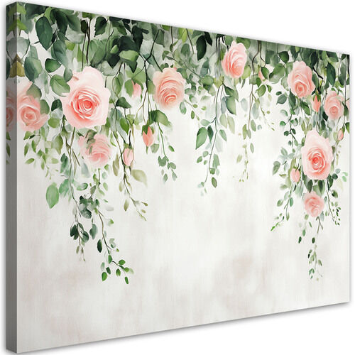 Leinwandbild, Hängende Rosen Blumen grüne Blätter Beton
