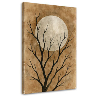 Leinwandbild Japandi, Baum Mond Aquarell Beige Vintage