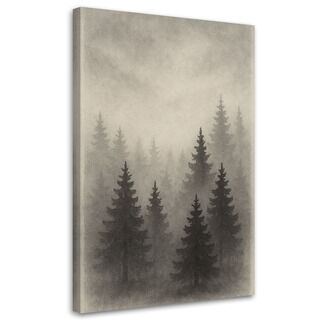 Leinwandbild Japandi, Wald Bäume Nebel Grau Aquarell