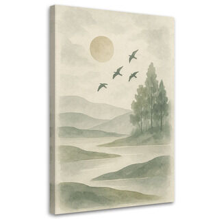 Leinwandbild Japandi, Naturlandschaft Aquarell Beige Wald Flugzeuge