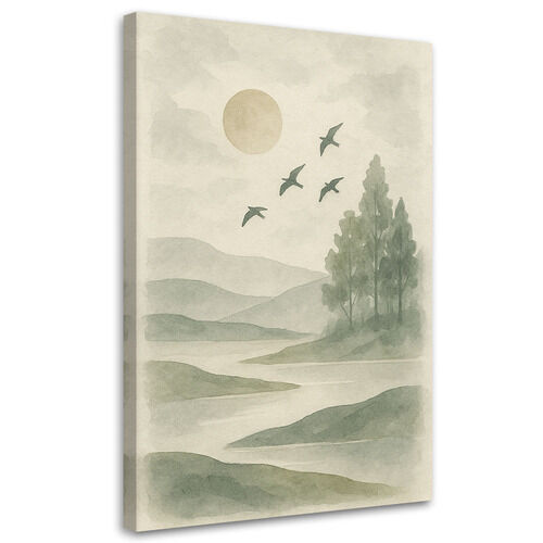 Leinwandbild Japandi, Naturlandschaft Aquarell Beige Wald Flugzeuge