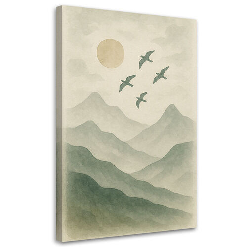 Leinwandbild Japandi, Vögel Berge Aquarell Grün Natur