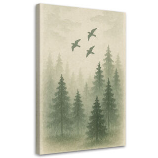 Leinwandbild Japandi, Kiefern Vögel Wald Aquarell Grün Natur