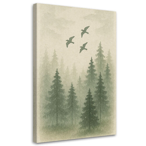 Leinwandbild Japandi, Kiefern Vögel Wald Aquarell Grün Natur