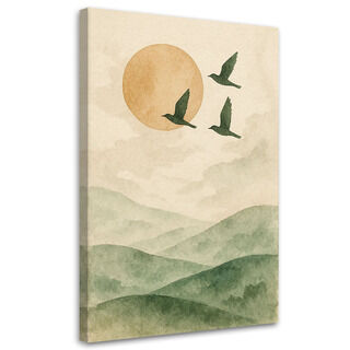 Leinwandbild Japandi, Vögel Berge Aquarell Grün Beige