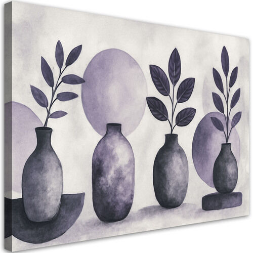 Bild auf Leinwand, Vasen Blätter Aquarell Violett