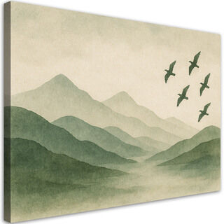 Bild für das Schlafzimmer, Berge Natur Aquarell Grün Vögel