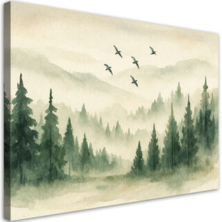 Bild für das Wohnzimmer, Wald Berge Vögel Aquarell Grün Natur