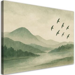Bild, Berge Fluss Vögel Aquarell Grün Nebel