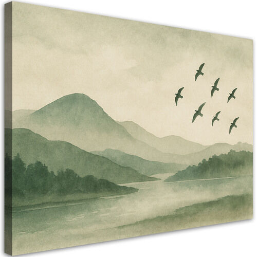 Bild, Berge Fluss Vögel Aquarell Grün Nebel