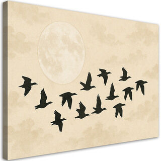 Bild auf Leinwand, Vögel Mond Aquarell Beige