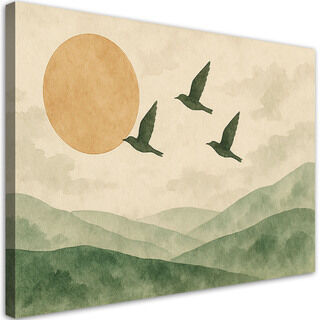 Bild für das Schlafzimmer, Vögel Berge Aquarell Grün Beige