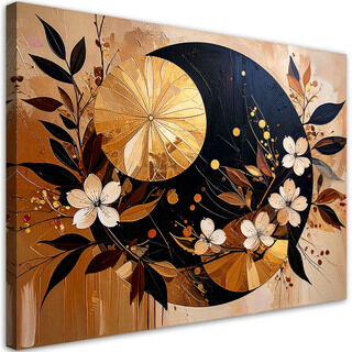 Leinwandbild modern, Abstraktion Kreise Blätter Blumen Gold Braun