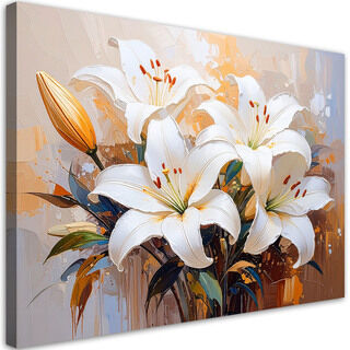 Leinwandbild modern für das Wohnzimmer, Lilien Weiße Blumen gemalt
