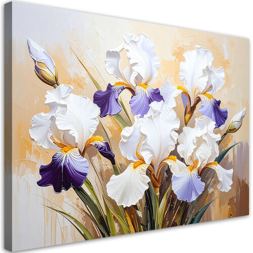 Bild für das Wohnzimmer, Weiße Iris Blumen auf abstraktem beigem Hintergrund