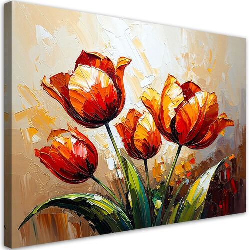 Bild für das Wohnzimmer, Rote Tulpen auf beigem abstrakten Hintergrund