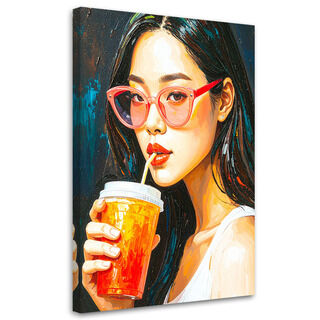 Modern Wandbild, Mädchen mit Brille, die Kaffee trinkt