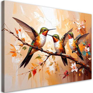 Leinwandbild modern, Bunte Kolibris, Vögel auf beigem Hintergrund