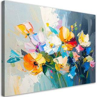 Leinwandbild Wohnzimmer modern, Bunte Blumen Ölgemälde-Imitation