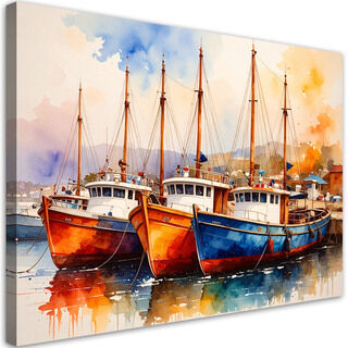 Modernes Bild für das Wohnzimmer, Bunte Boote Schiffe im Hafen