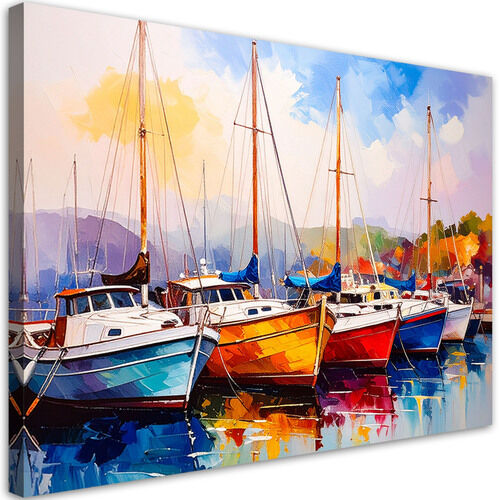 Modernes Bild für das Wohnzimmer Büro, Bunte Boote Schiffe Hafen