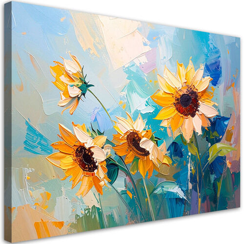 Leinwandbild Wohnzimmer modern, Sonnenblumen Blumen Ölfarbe-Imitation