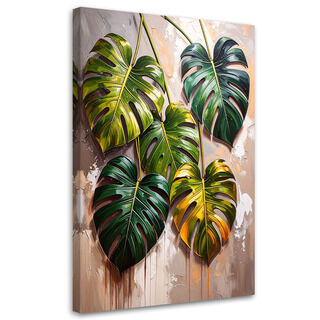 Bild für das Schlafzimmer Wohnzimmer, Monstera Blätter auf gemaltem Hintergrund
