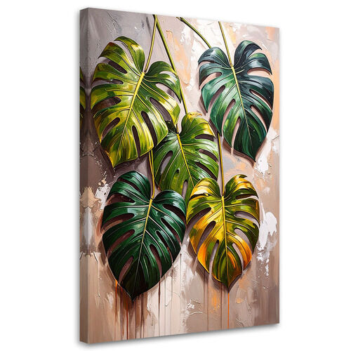 Bild für das Schlafzimmer Wohnzimmer, Monstera Blätter auf gemaltem Hintergrund