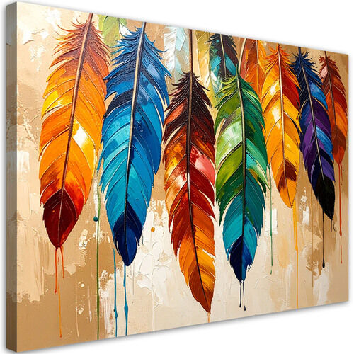 Wandbild für das Wohnzimmer, Bunte Federn Farbeffekt beige