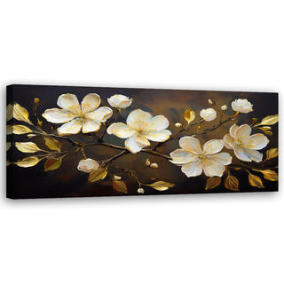 Leinwandbild, Weiße Blumen auf einem Zweig - (150x50)