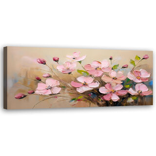 Leinwandbild, Puderrosa Blumen bemalte Pflanzen - (90x30)