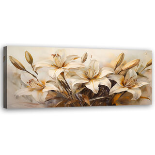 Leinwandbild, Lilienblumen im beigefarbenen Boho-Stil - (150x50)
