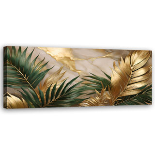 Leinwandbild, Palmblätter auf goldenem Marmorhintergrund - (120x40)