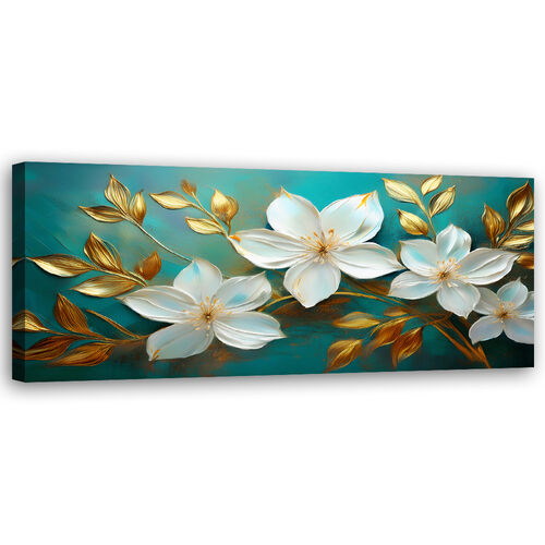 Leinwandbild, Weiße Blumen, goldene Blätter, Türkis - (90x30)