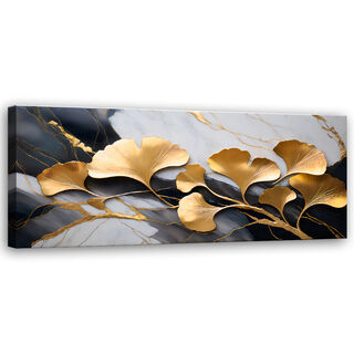 Leinwandbild, Ginko Botanicals Blumen Marmor Grau Gold - (90x30)