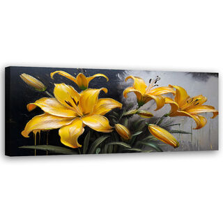 Leinwandbild, Blühende gelbe Lilien-Blumen-Pflanzen - (90x30)