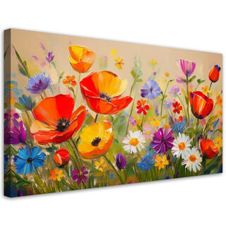 Leinwandbild, Bunte Mohnblumen auf der Wiese - (80x40)