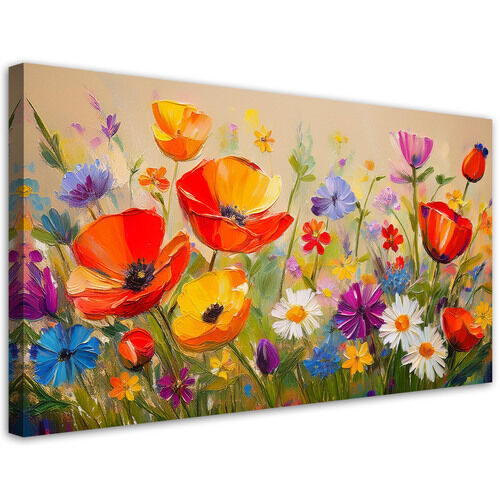 Leinwandbild, Bunte Mohnblumen auf der Wiese - (80x40)