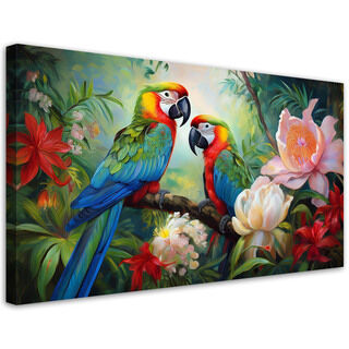 Leinwandbild, Bunte tropische Dschungelpapageien - (80x40)